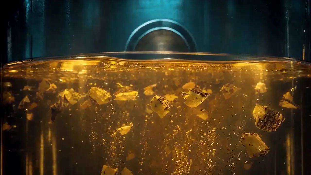 Goldene fermentierende Flüssigkeit mit aufsteigenden Blasen
