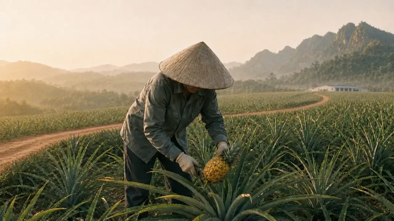 Eine Erntehelferin mit Kegelhut pflückt eine Ananas von Hand