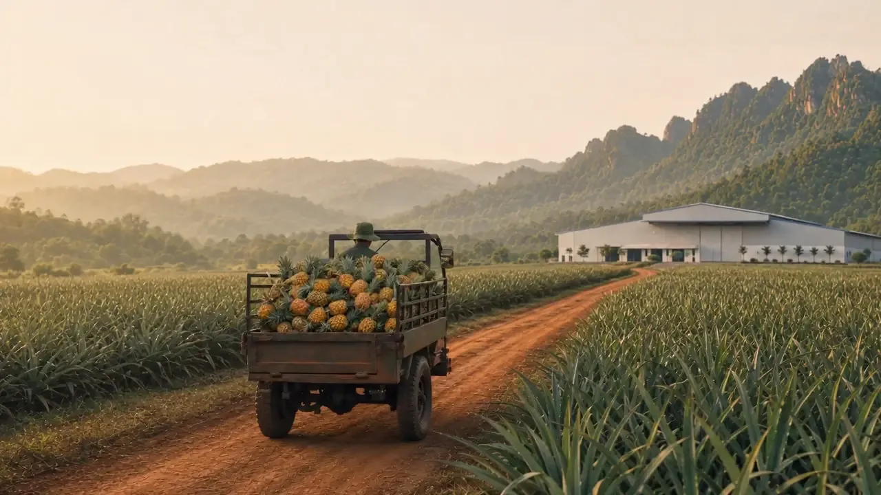 Ein Farm-Lkw voller Ananas auf einer Straße aus roter Erde