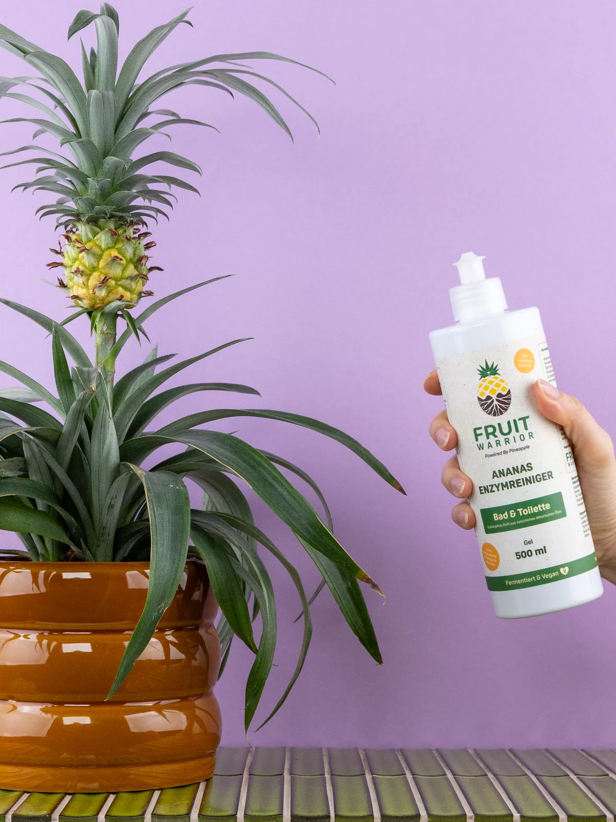 Fruit Warrior Bad & Toilette Enzymreiniger in einer Hand neben einer Ananaspflanze