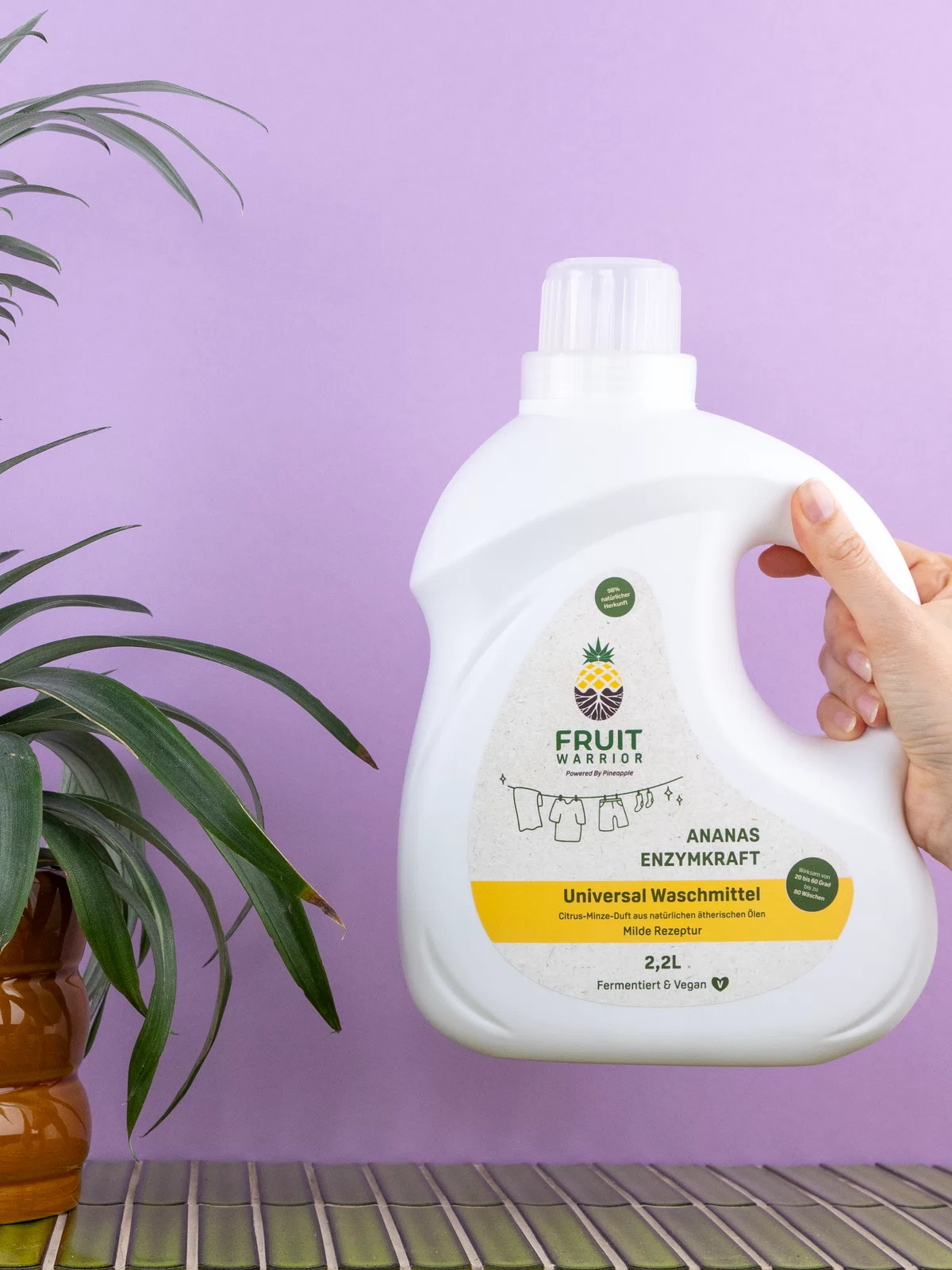 Fruit Warrior Universal Waschmittel in einer Hand neben einer Ananaspflanze